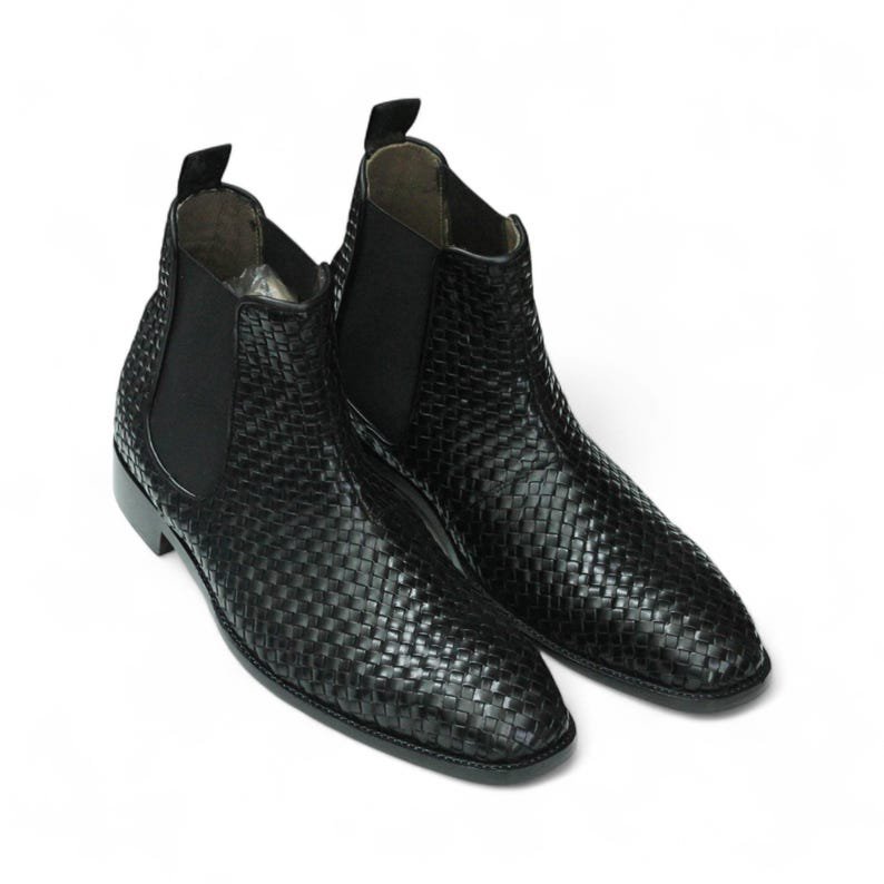 Handmade Full Grain Woven Leather Chelsea Boots | Classic Ankle Boot | Men Boot | New Men Dress and casual Black Boots | Full Grain Leather - Image 4