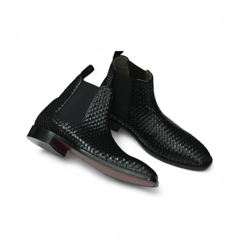 Handmade Full Grain Woven Leather Chelsea Boots | Classic Ankle Boot | Men Boot | New Men Dress and casual Black Boots | Full Grain Leather - Image 6