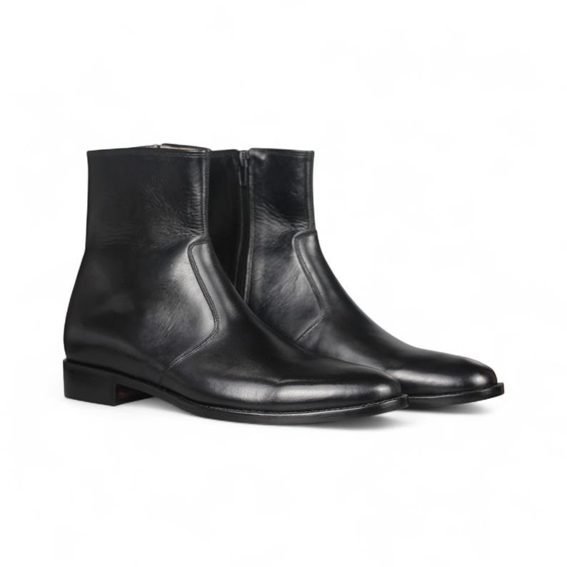 Handmade Black Leather Ankle Boots: Men's Zipper Dress Boots