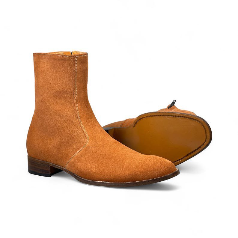 Handmade Brown Suede Leather Zipper Ankle-High Boots for Men | Comfortable Leather Footwear | Premium Quality Boots for Every Occasion
