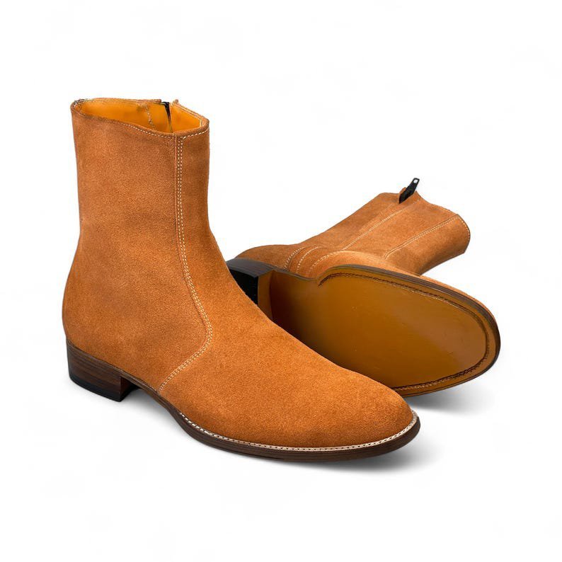 Handmade Brown Suede Leather Zipper Ankle-High Boots for Men | Comfortable Leather Footwear | Premium Quality Boots for Every Occasion - Image 5