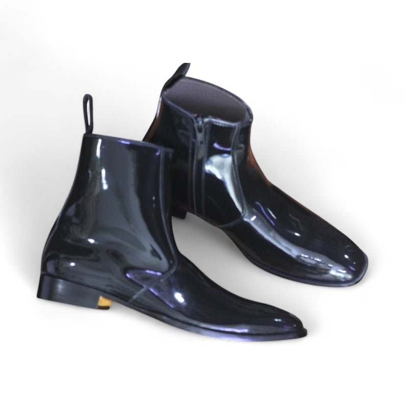 Handmade Black Patent Leather Ankle Boots for Men | Side Zipper Glossy Dress Boots | Elegant & Stylish Footwear | Ideal Birthday Gift - Image 2