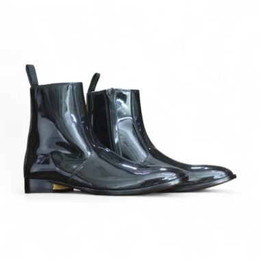 Handmade Black Patent Leather Ankle Boots for Men | Side Zipper Glossy Dress Boots | Elegant & Stylish Footwear | Ideal Birthday Gift