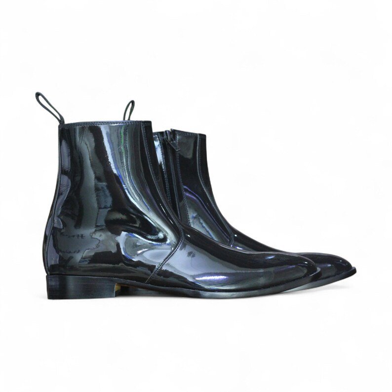 Handmade Black Patent Leather Ankle Boots for Men | Side Zipper Glossy Dress Boots | Elegant & Stylish Footwear | Ideal Birthday Gift - Image 4