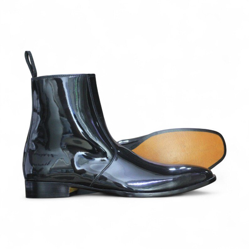 Handmade Black Patent Leather Ankle Boots for Men | Side Zipper Glossy Dress Boots | Elegant & Stylish Footwear | Ideal Birthday Gift - Image 3