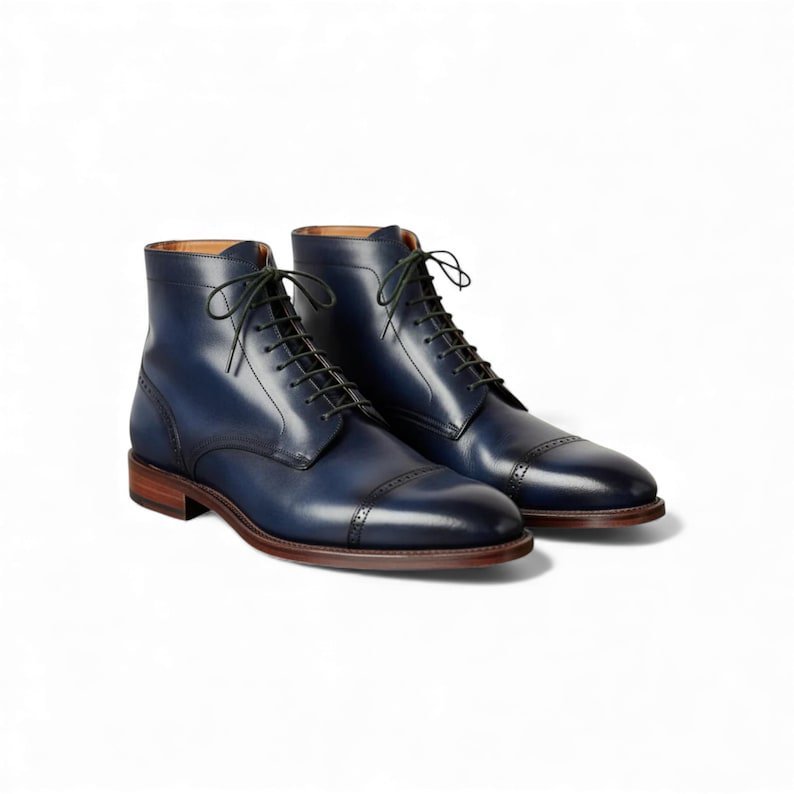Handmade Blue Leather Dress Boots | Men Cap Toe Brogue Ankle Boot | Mens Custom Formal | Wedding Groomsmen Footwear - Image 3