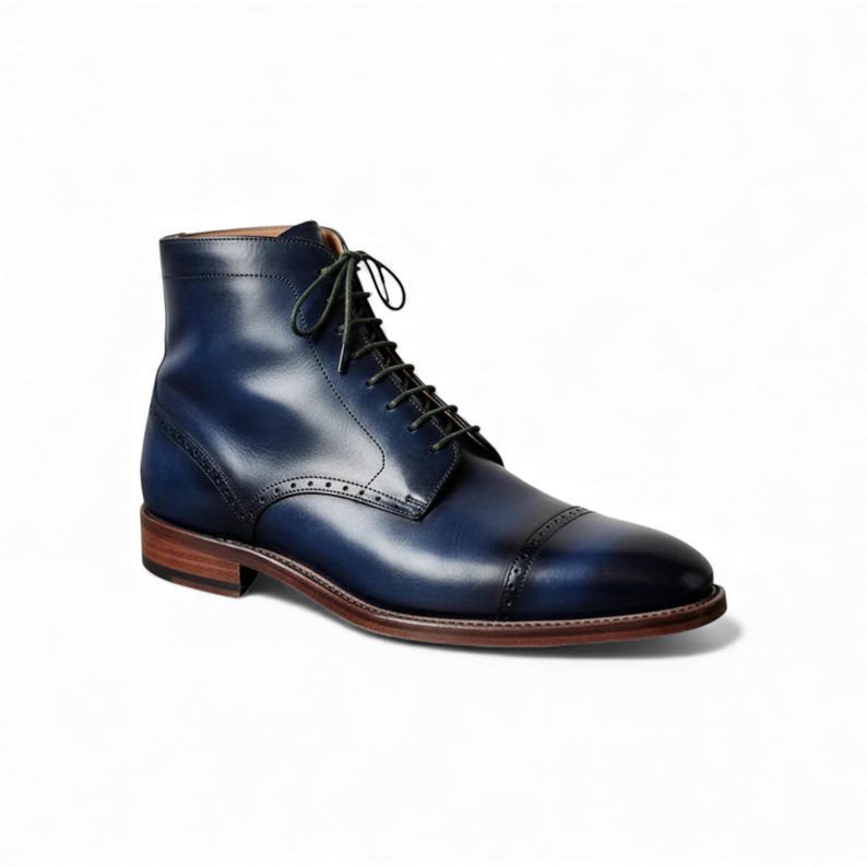 Handmade Blue Leather Dress Boots | Men Cap Toe Brogue Ankle Boot | Mens Custom Formal | Wedding Groomsmen Footwear - Image 5