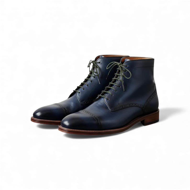 Handmade Blue Leather Dress Boots | Men Cap Toe Brogue Ankle Boot | Mens Custom Formal | Wedding Groomsmen Footwear