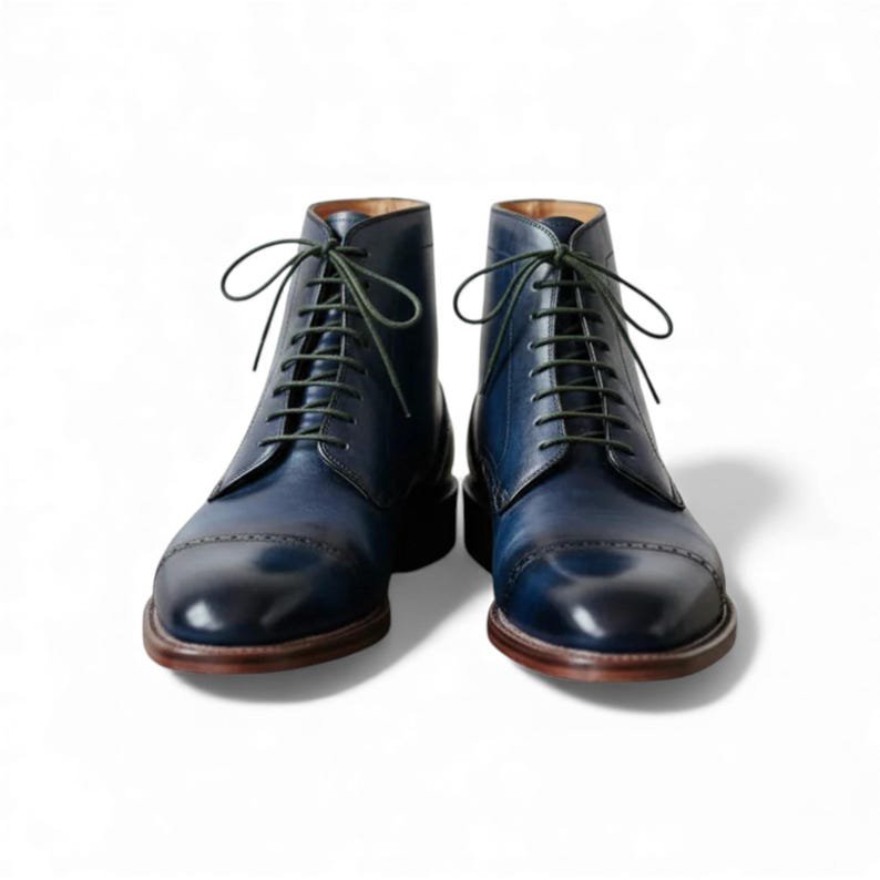 Handmade Blue Leather Dress Boots | Men Cap Toe Brogue Ankle Boot | Mens Custom Formal | Wedding Groomsmen Footwear - Image 2