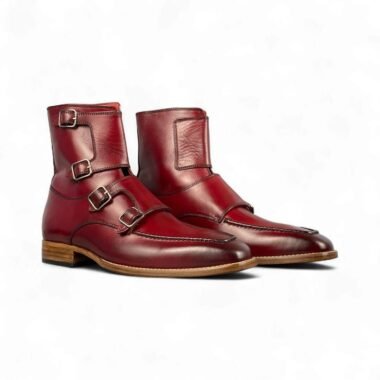 Men Handcrafted Red Leather ankle Boot | Fourth Monk Strap Ankle Boots for Men | Bespoke Dress Boots | Stylish & Comfortable Leather Boot