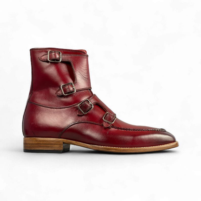 Men Handcrafted Red Leather ankle Boot | Fourth Monk Strap Ankle Boots for Men | Bespoke Dress Boots | Stylish & Comfortable Leather Boot - Image 4