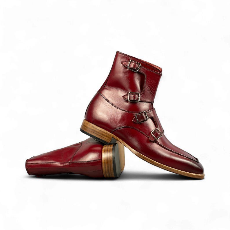 Men Handcrafted Red Leather ankle Boot | Fourth Monk Strap Ankle Boots for Men | Bespoke Dress Boots | Stylish & Comfortable Leather Boot - Image 8