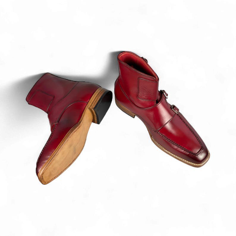 Men Handcrafted Red Leather ankle Boot | Fourth Monk Strap Ankle Boots for Men | Bespoke Dress Boots | Stylish & Comfortable Leather Boot - Image 5