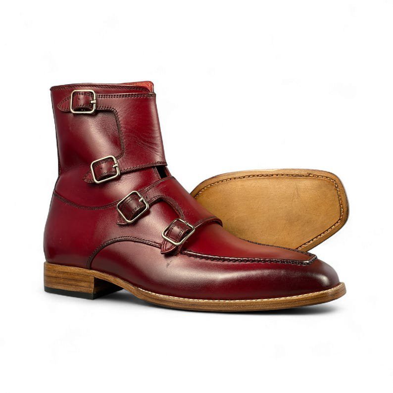 Men Handcrafted Red Leather ankle Boot | Fourth Monk Strap Ankle Boots for Men | Bespoke Dress Boots | Stylish & Comfortable Leather Boot - Image 6