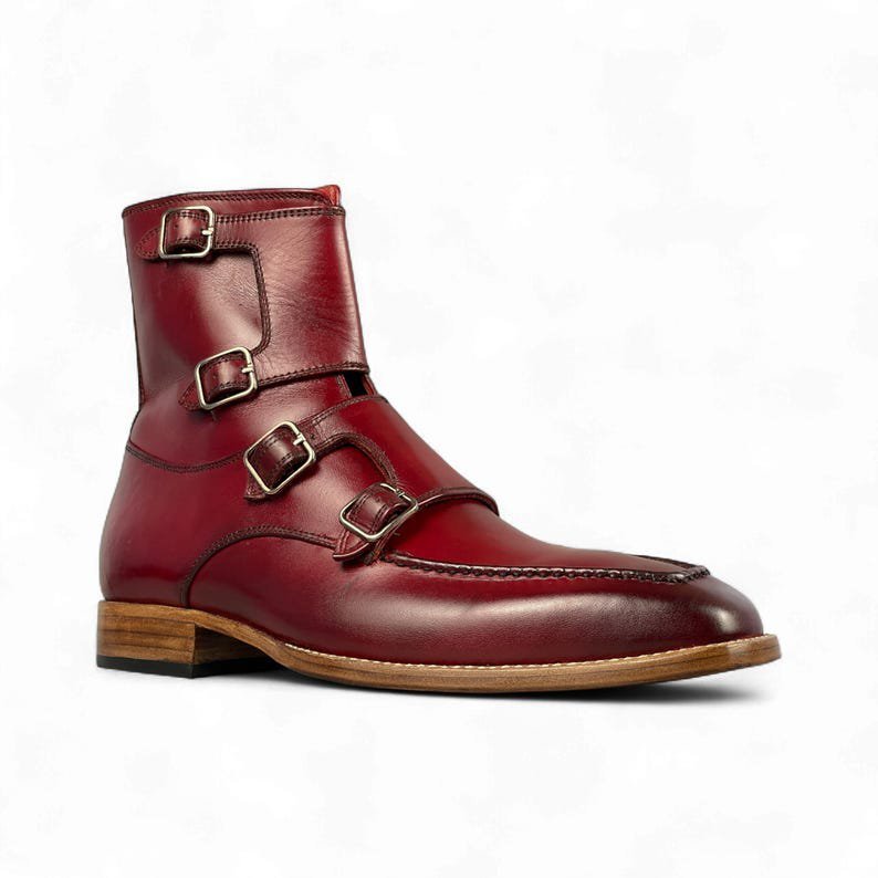 Men Handcrafted Red Leather ankle Boot | Fourth Monk Strap Ankle Boots for Men | Bespoke Dress Boots | Stylish & Comfortable Leather Boot - Image 3