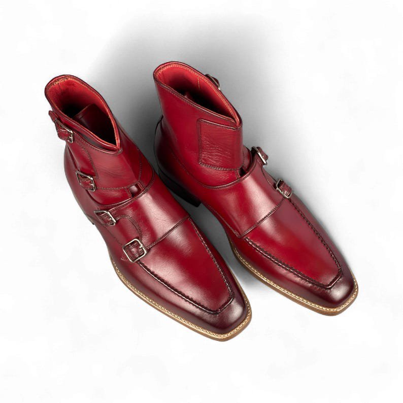 Men Handcrafted Red Leather ankle Boot | Fourth Monk Strap Ankle Boots for Men | Bespoke Dress Boots | Stylish & Comfortable Leather Boot - Image 2