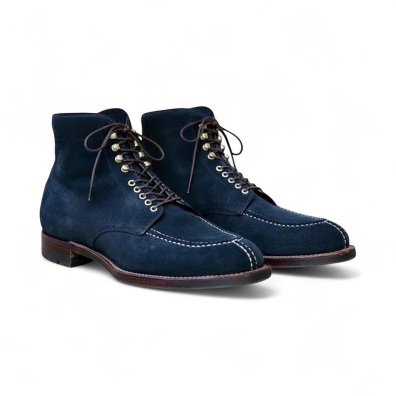 Handcrafted Navy Blue Suede Lace-Up Ankle Boots | Elegant Handmade Real Suede Leather Blue Formal Ankle Boots for Men - Image 3