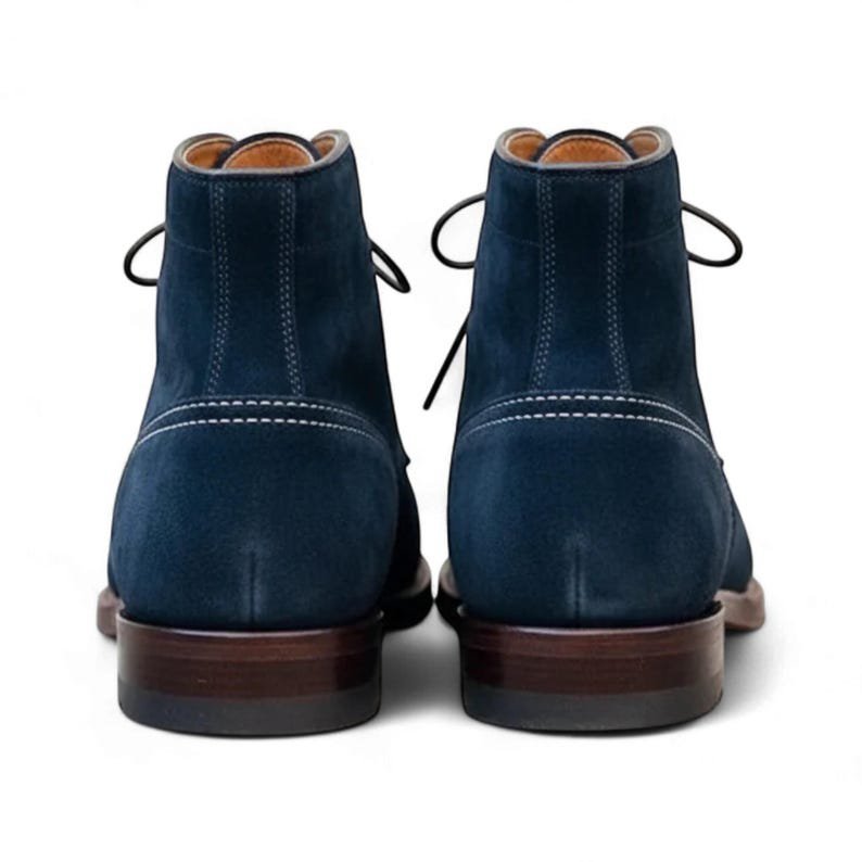 Handcrafted Navy Blue Suede Lace-Up Ankle Boots | Elegant Handmade Real Suede Leather Blue Formal Ankle Boots for Men - Image 2
