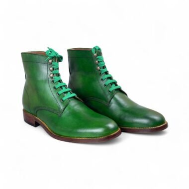 Mens Handmade Green Leather Ankle-High Lace-Up Boots | Stylish & Comfortable Formal Footwear | Premium Leather Shoes for Men’s Fashion