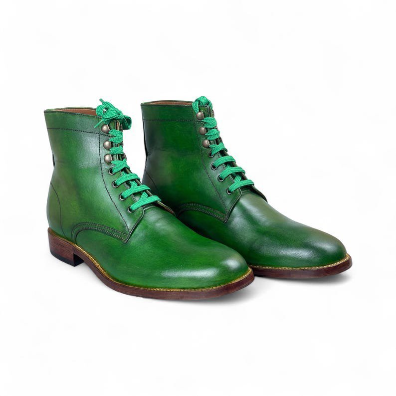 Mens Handmade Green Leather Ankle-High Lace-Up Boots | Stylish & Comfortable Formal Footwear | Premium Leather Shoes for Men’s Fashion