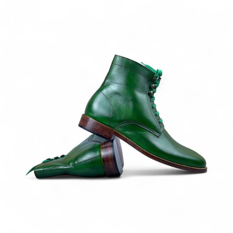 Mens Handmade Green Leather Ankle-High Lace-Up Boots | Stylish & Comfortable Formal Footwear | Premium Leather Shoes for Men’s Fashion - Image 5