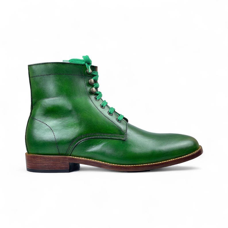 Mens Handmade Green Leather Ankle-High Lace-Up Boots | Stylish & Comfortable Formal Footwear | Premium Leather Shoes for Men’s Fashion - Image 7