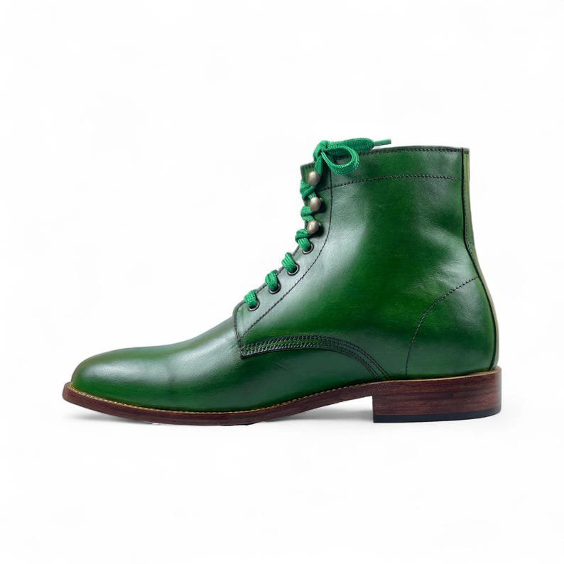 Mens Handmade Green Leather Ankle-High Lace-Up Boots | Stylish & Comfortable Formal Footwear | Premium Leather Shoes for Men’s Fashion - Image 6