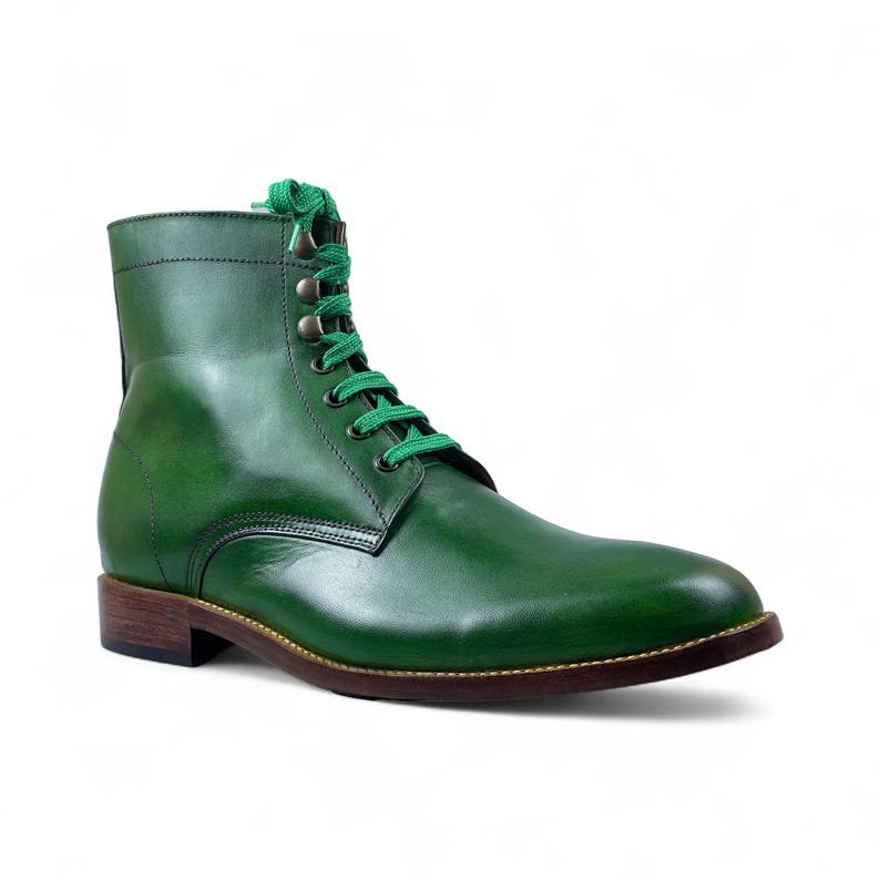 Mens Handmade Green Leather Ankle-High Lace-Up Boots | Stylish & Comfortable Formal Footwear | Premium Leather Shoes for Men’s Fashion - Image 3