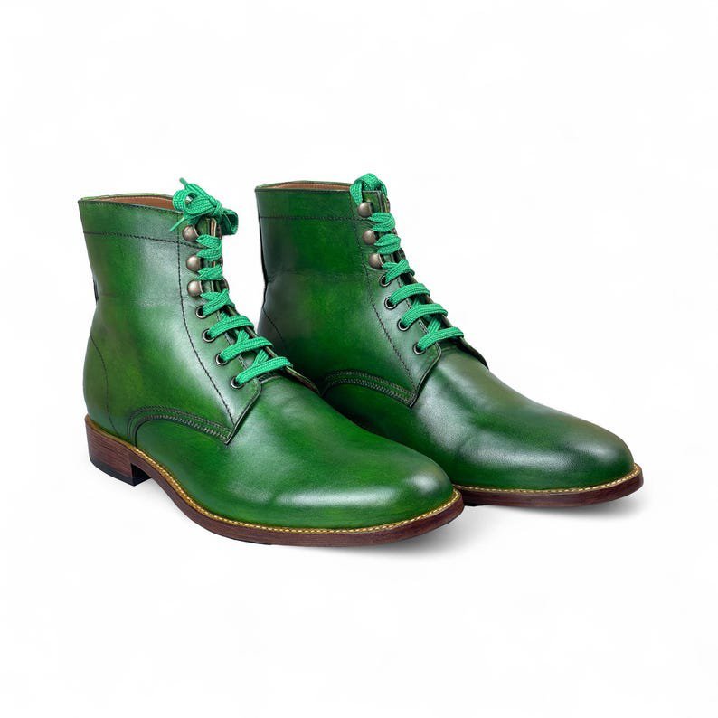 Mens Handmade Green Leather Ankle-High Lace-Up Boots | Stylish & Comfortable Formal Footwear | Premium Leather Shoes for Men’s Fashion - Image 4
