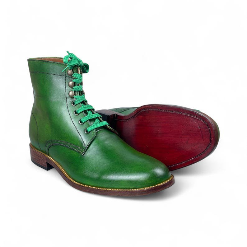 Mens Handmade Green Leather Ankle-High Lace-Up Boots | Stylish & Comfortable Formal Footwear | Premium Leather Shoes for Men’s Fashion - Image 2