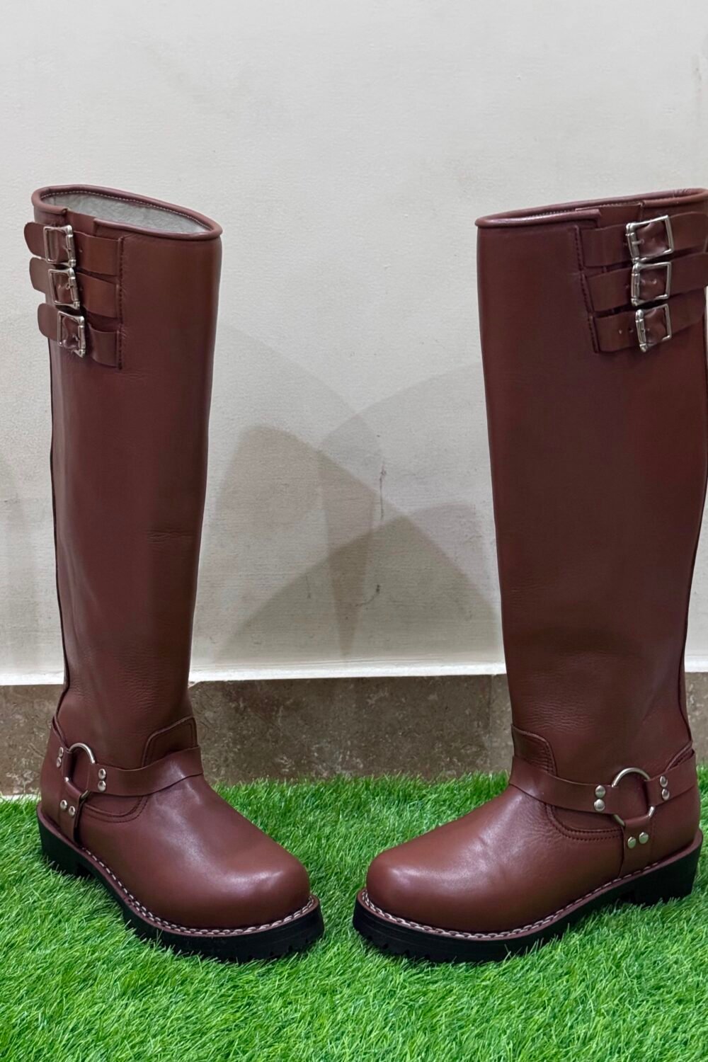 Handmade Brown Leather Boots | Men's Tall Riding Boots with Harness & Buckles | Historical Medieval Boots | Punk Rock Biker Footwear