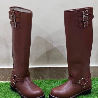 Handmade Brown Leather Boots | Men's Tall Riding Boots with Harness & Buckles | Historical Medieval Boots | Punk Rock Biker Footwear