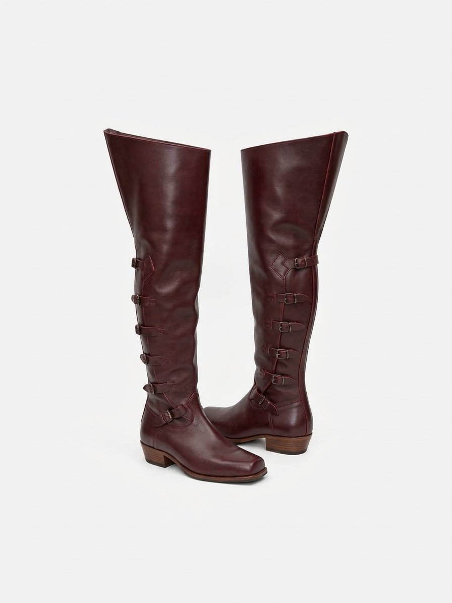 Brown Baroque Thigh-High Boots with Buckle Straps - Image 6