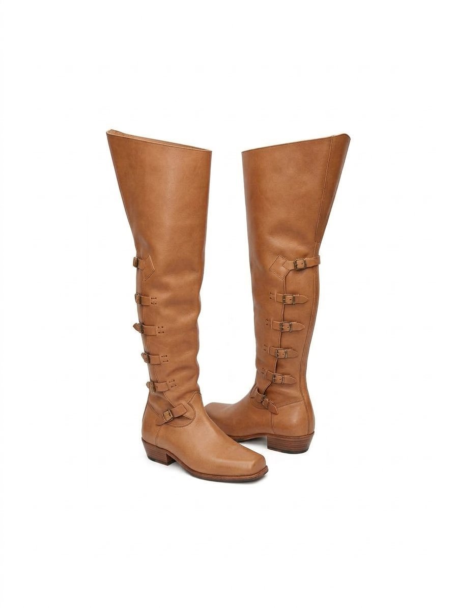 Brown Baroque Thigh-High Boots with Buckle Straps - Image 7