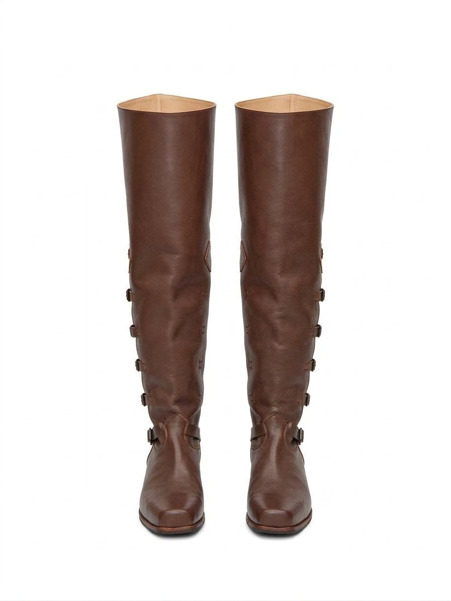 Brown Baroque Thigh-High Boots with Buckle Straps - Image 3