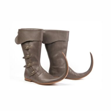 Pair of grey-brown medieval Schnabelstiefel with fold-over cuff, four brass buckles and long curved pointed toes on white background