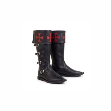 Black leather knight boots with red Templar cross fold-over cuff and silver buckle straps — front three-quarter view