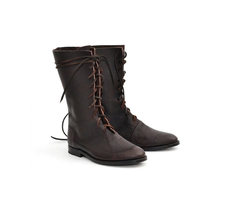 Dark brown medieval riding boots with full front lacing and wrap-around top tie — front three-quarter view