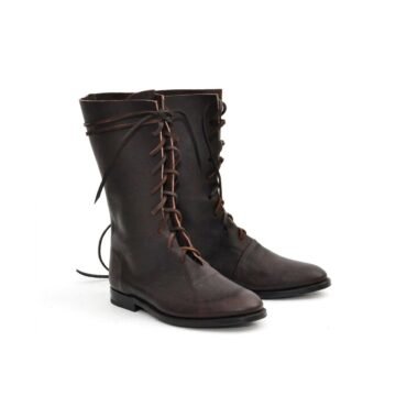 Dark brown medieval riding boots with full front lacing and wrap-around top tie — front three-quarter view