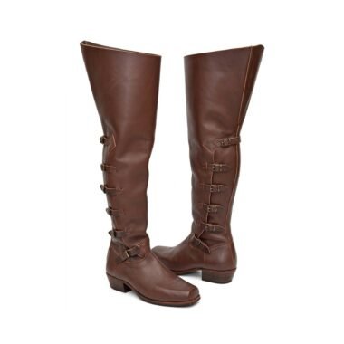Brown leather thigh-high baroque boots with flared funnel top and five buckle straps — three-quarter view