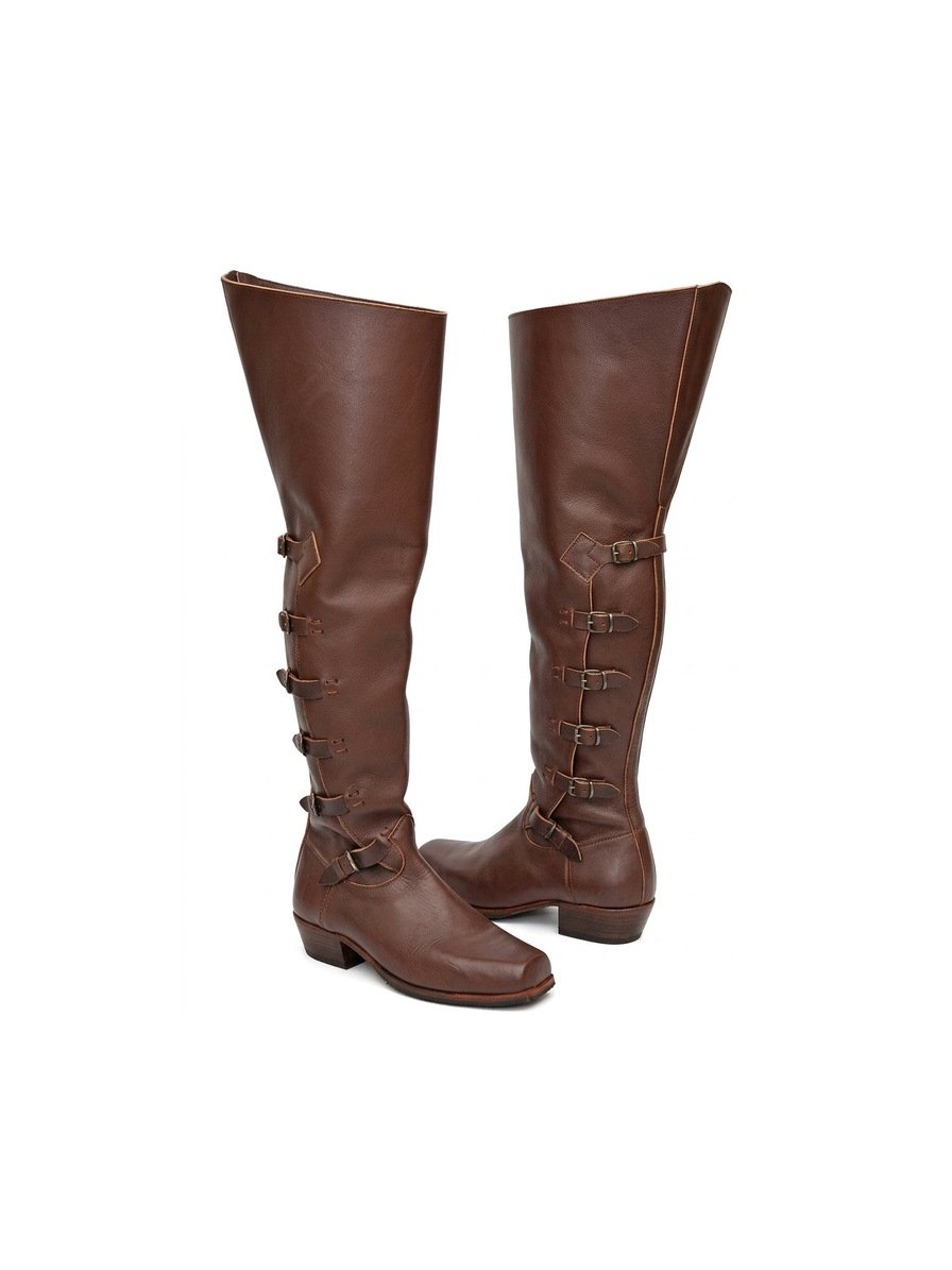 Brown leather thigh-high baroque boots with flared funnel top and five buckle straps — three-quarter view