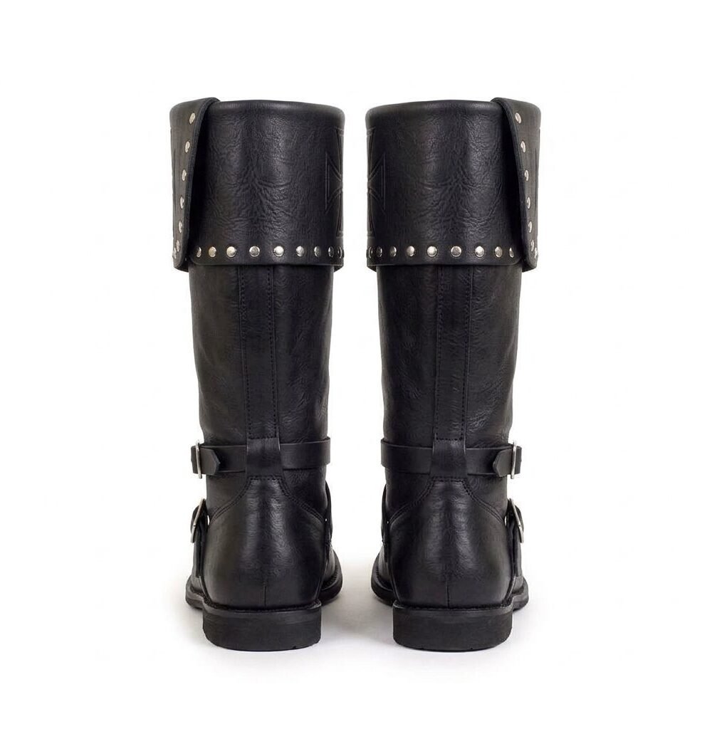 Black Knight Boots with Embossed Cross Cuff & Silver Studs - Image 2