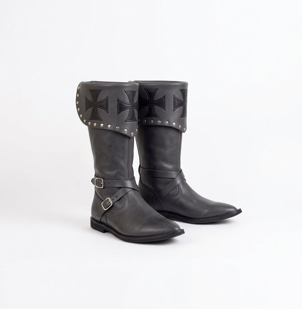Black Knight Boots with Embossed Cross Cuff & Silver Studs - Image 7