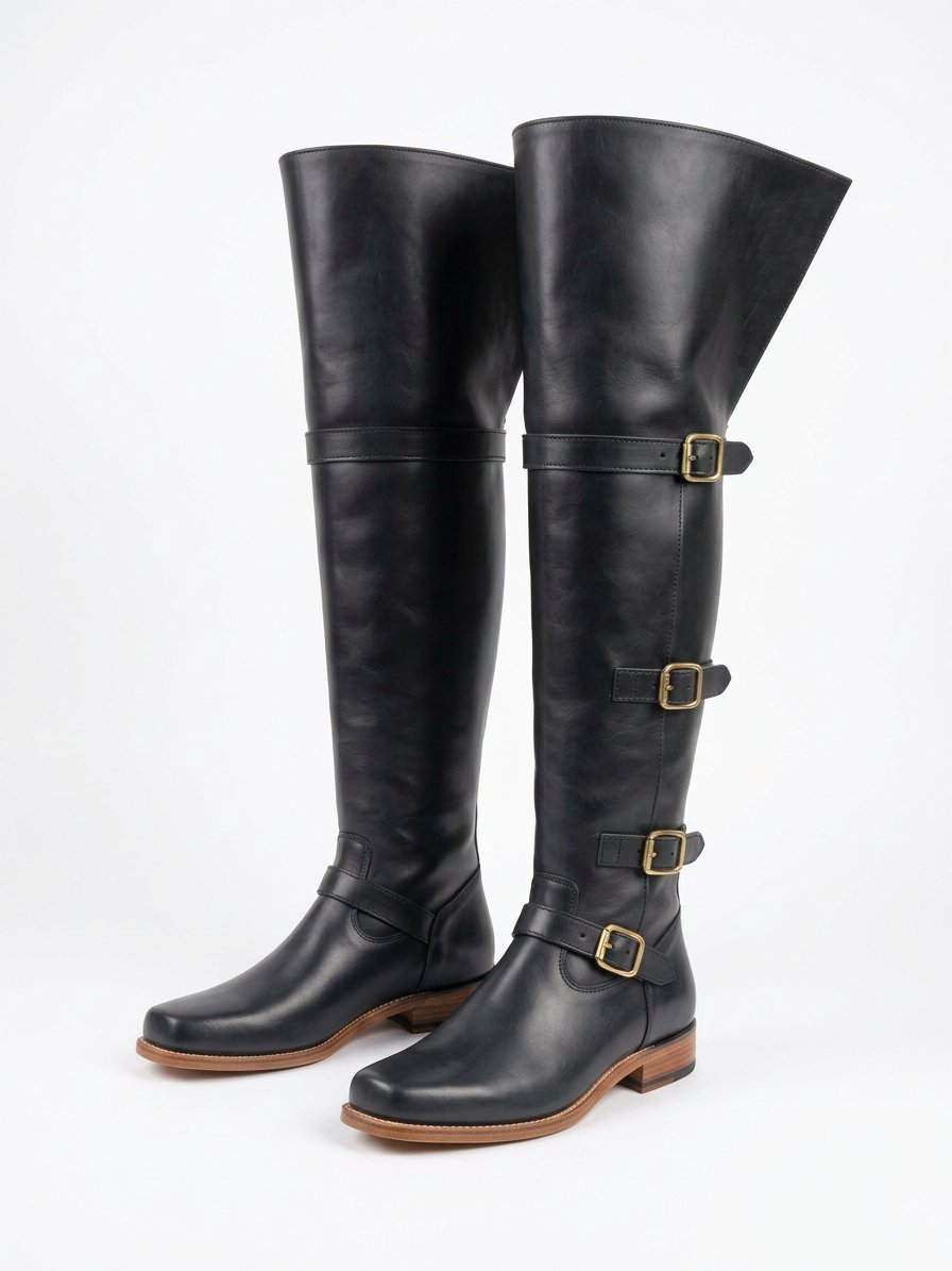 Black Cavalier Thigh-High Boots with Fold-Over Bucket Cuff - Image 7