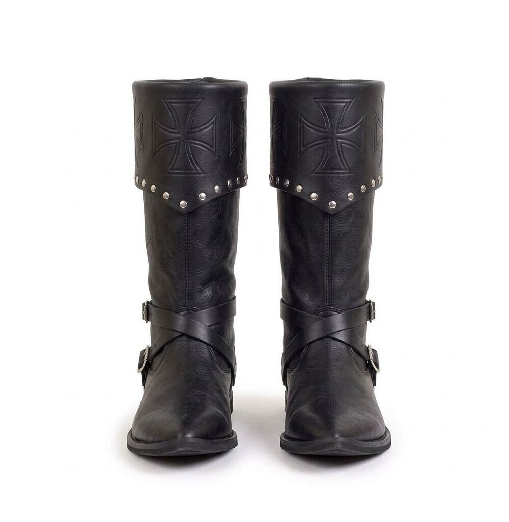 Black Knight Boots with Embossed Cross Cuff & Silver Studs - Image 3