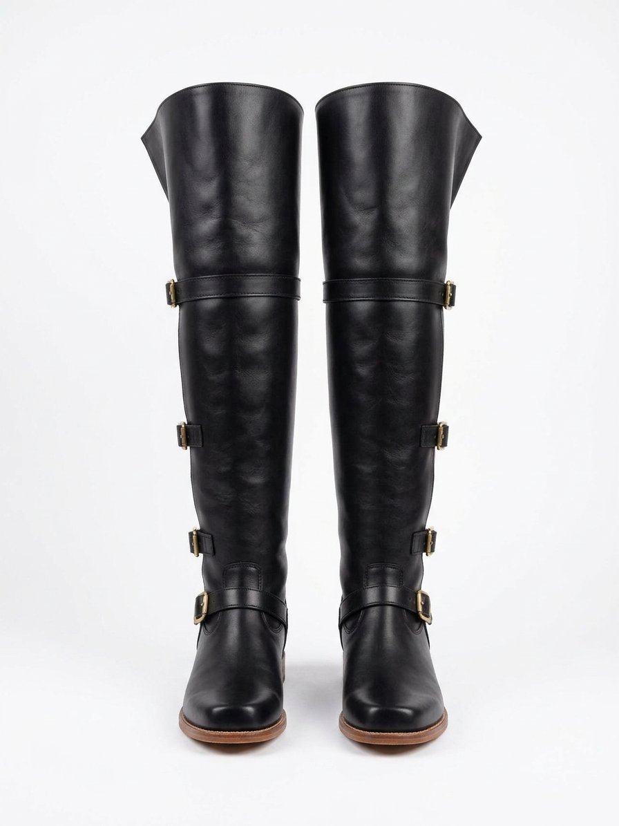 Black Cavalier Thigh-High Boots with Fold-Over Bucket Cuff - Image 3