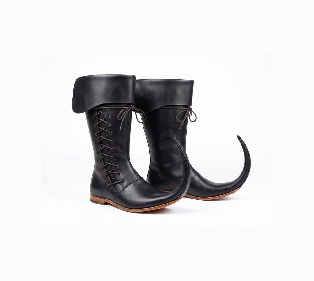 Pair of black medieval Schnabelstiefel with fold-over cuff, crossed leather laces and long curved pointed toes on white background