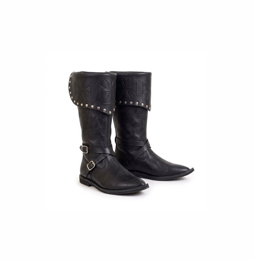 Black leather knight boots with embossed black Templar cross cuff, silver studs and crossed ankle straps — front three-quarter view