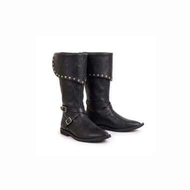 Black leather knight boots with embossed black Templar cross cuff, silver studs and crossed ankle straps — front three-quarter view