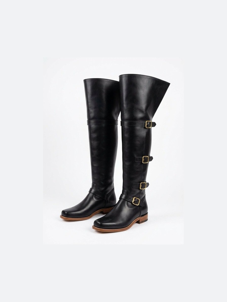Black leather cavalier thigh-high boots with fold-over bucket cuff and brass buckle straps — three-quarter view